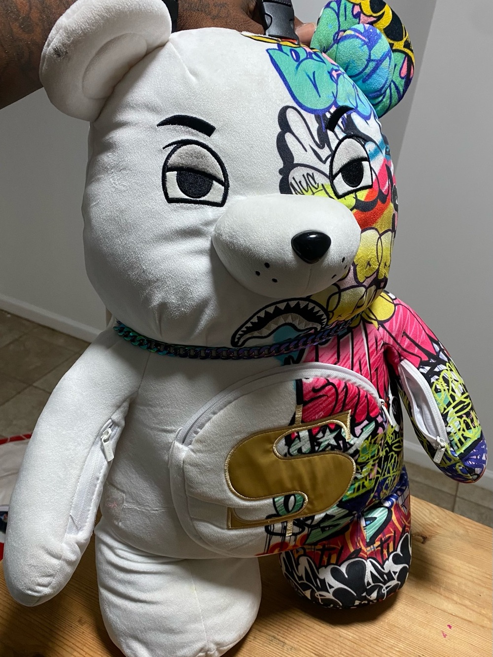 Sprayground Graffiti Teddy Bear Backpack Shark Mouth Gold S Streetwear Bag